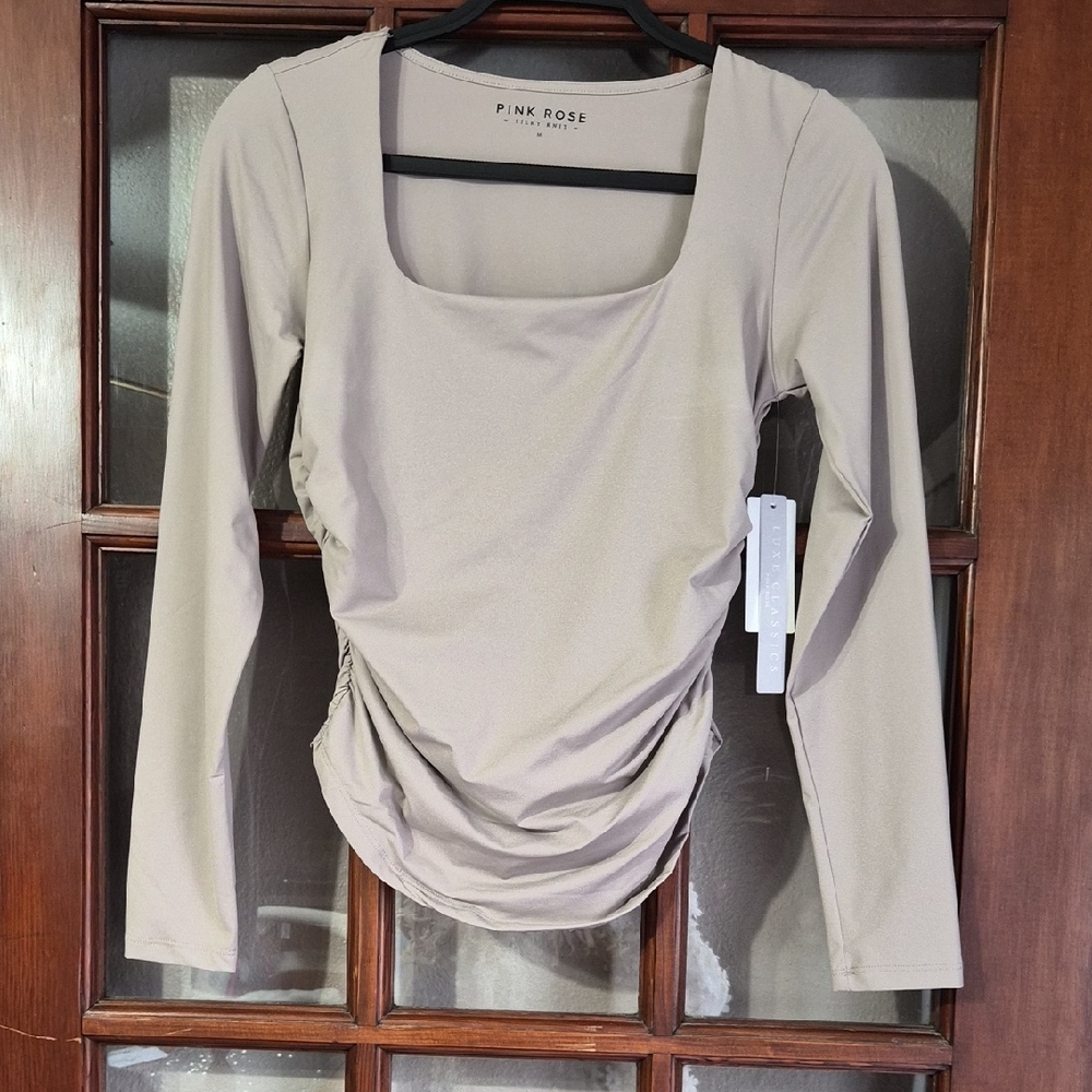 Pink Rose Long Sleeve Square Neck Ruched Top in Light Taupe
